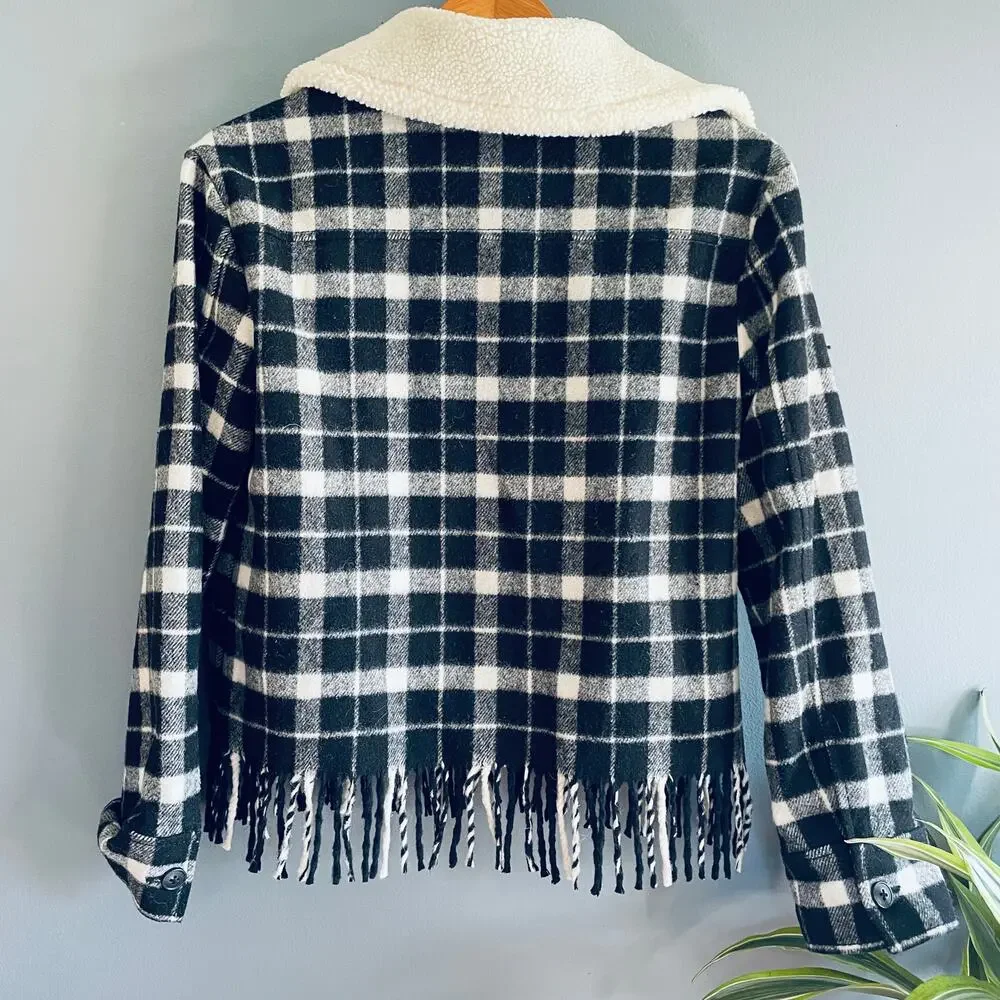 Kate Spade Wool Plaid Jacket XS Full Zip Fringe Sherpa Black White Western